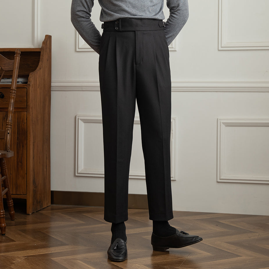 Trousers | High Waist | Pleated Wool | Herringbone Weave | Straight Fit