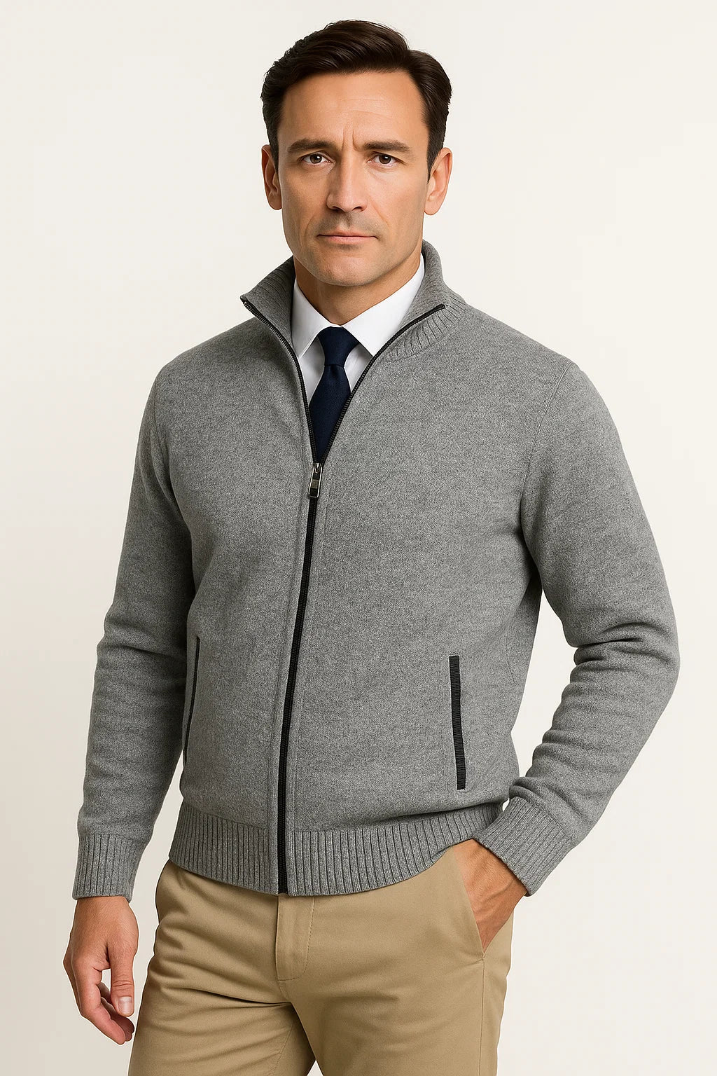Knit Cardigan | Full Zip | Stand Collar | Ribbed