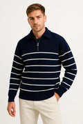 Quarter Zip Sweater | Striped | Ribbed Knit | Regular Fit