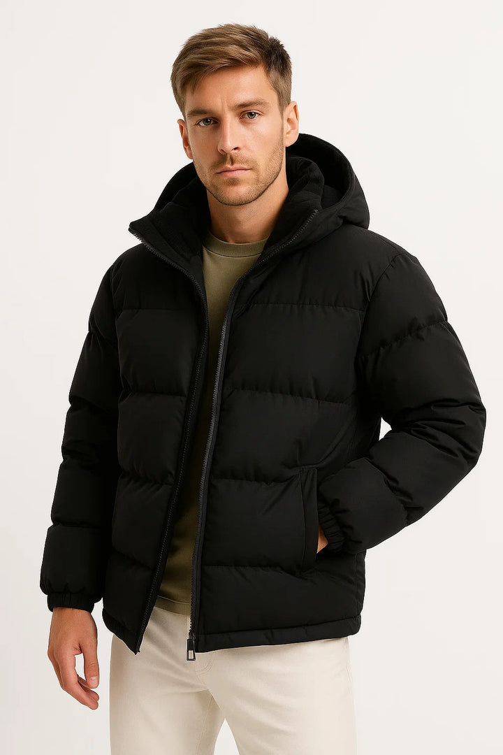 Hooded Puffer Jacket | Insulated Cotton Blend | Black