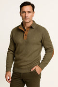 Knit Sweater | Ribbed, Button Collar & Suede Elbow Patches