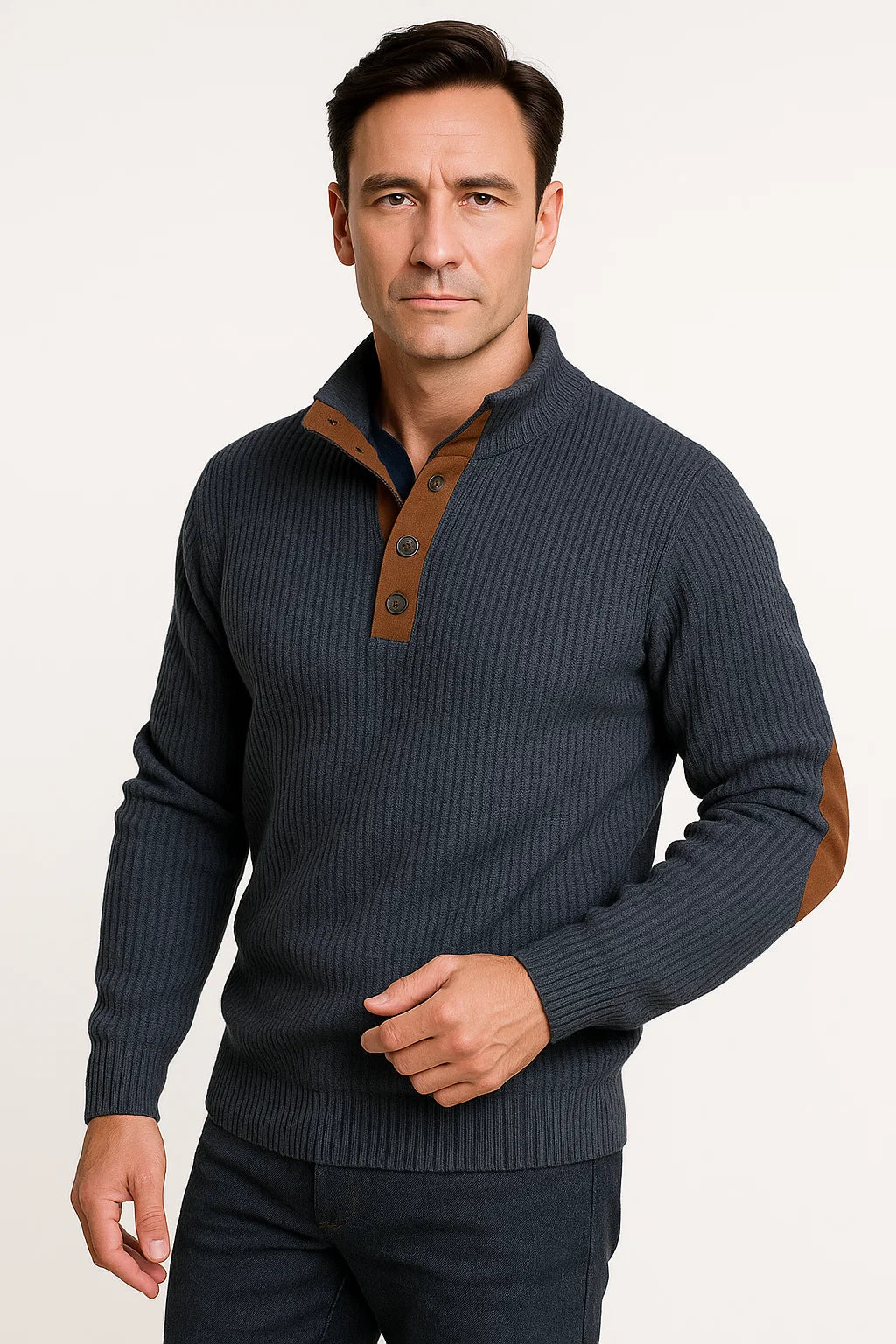 Knit Sweater | Ribbed, Button Collar & Suede Elbow Patches