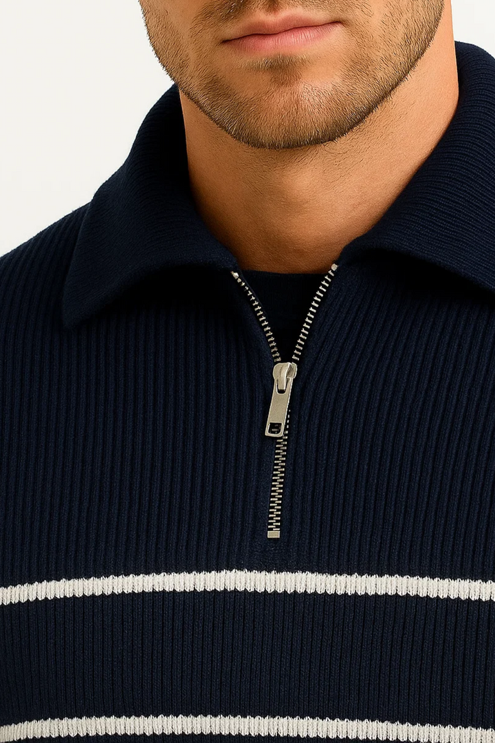 Quarter Zip Sweater | Striped | Ribbed Knit | Regular Fit