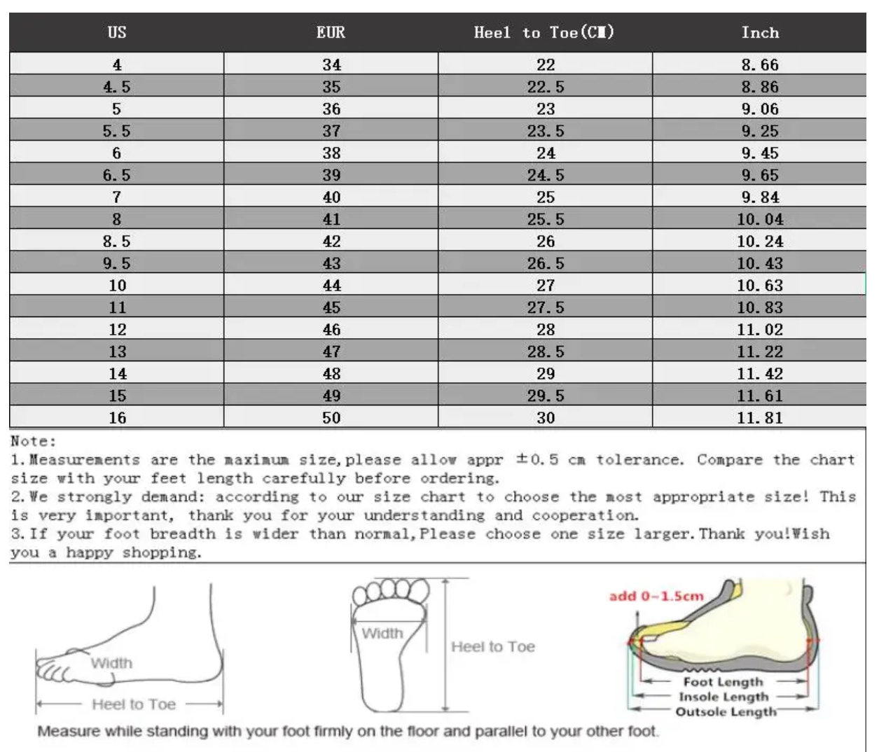 Sneakers, Genuine Leather, Grey - Size Chart