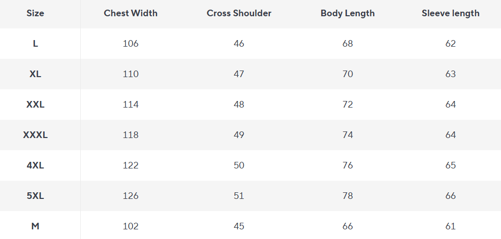 Jacket | Lightweight | Water-Repellent | Full Zip - Size Chart