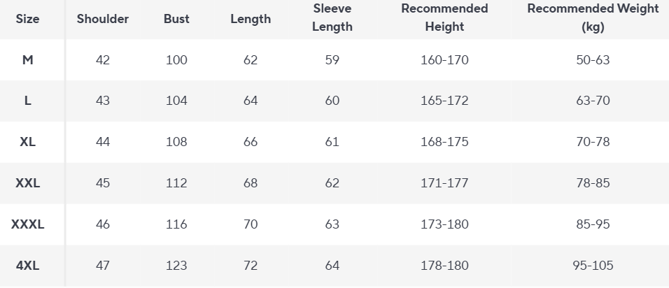 Knit Cardigan | Full Zip | Stand Collar | Ribbed - Size Chart