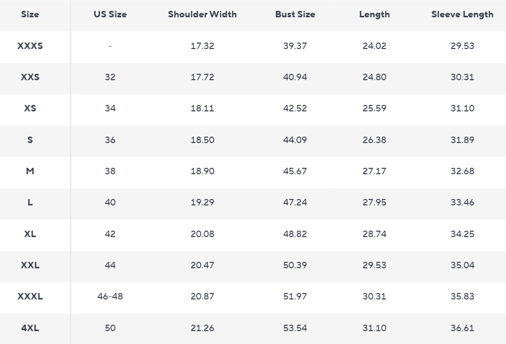 Puffer Jacket | Stand Collar | Quilted Insulated - Size Chart