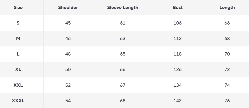 Puffer Jacket | Stand Collar | Quilted Polyester - Size Chart