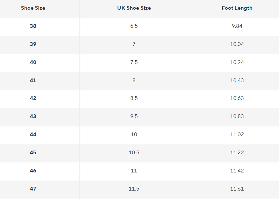 Men's Lace-Up Oxford Shoes | Artificial Leather | The Core Collection - Size Chart