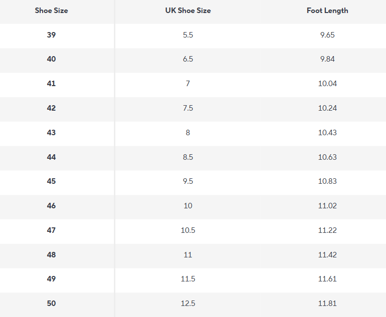 Men's Oxford Shoes | Matte Artificial Leather | The Core Collection - Size Chart