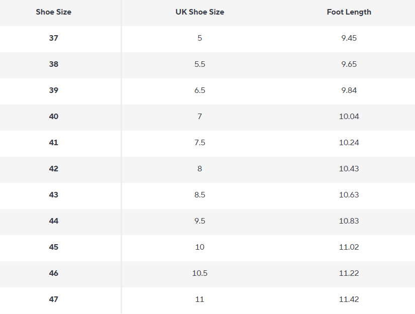 Men's Oxford Shoes | Genuine Cowhide Leather | The Core Collection - Size Chart