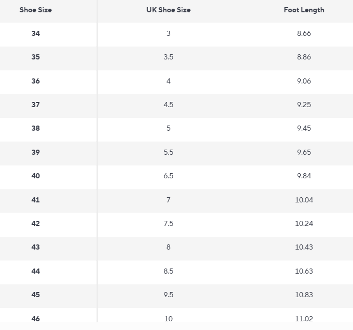 Men's Brogue Oxford Shoes | Polished PU Leather | The Core Collection - Size Chart