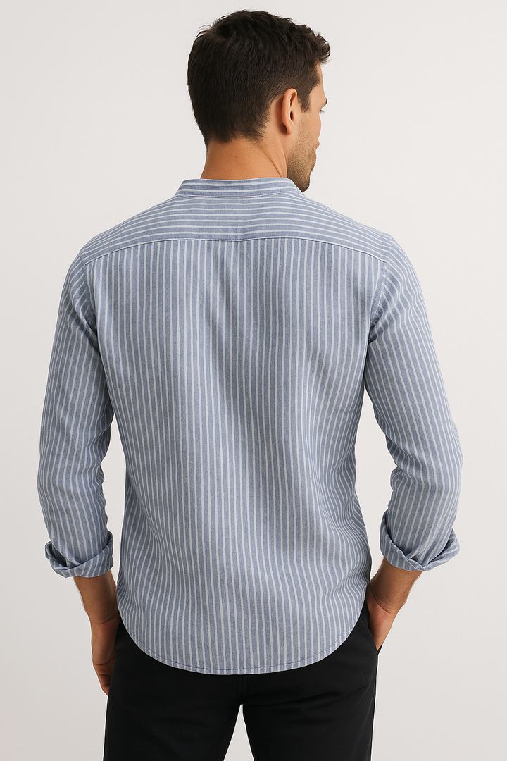 Shirt | Striped Band Collar | Cotton Blend | Long Sleeve