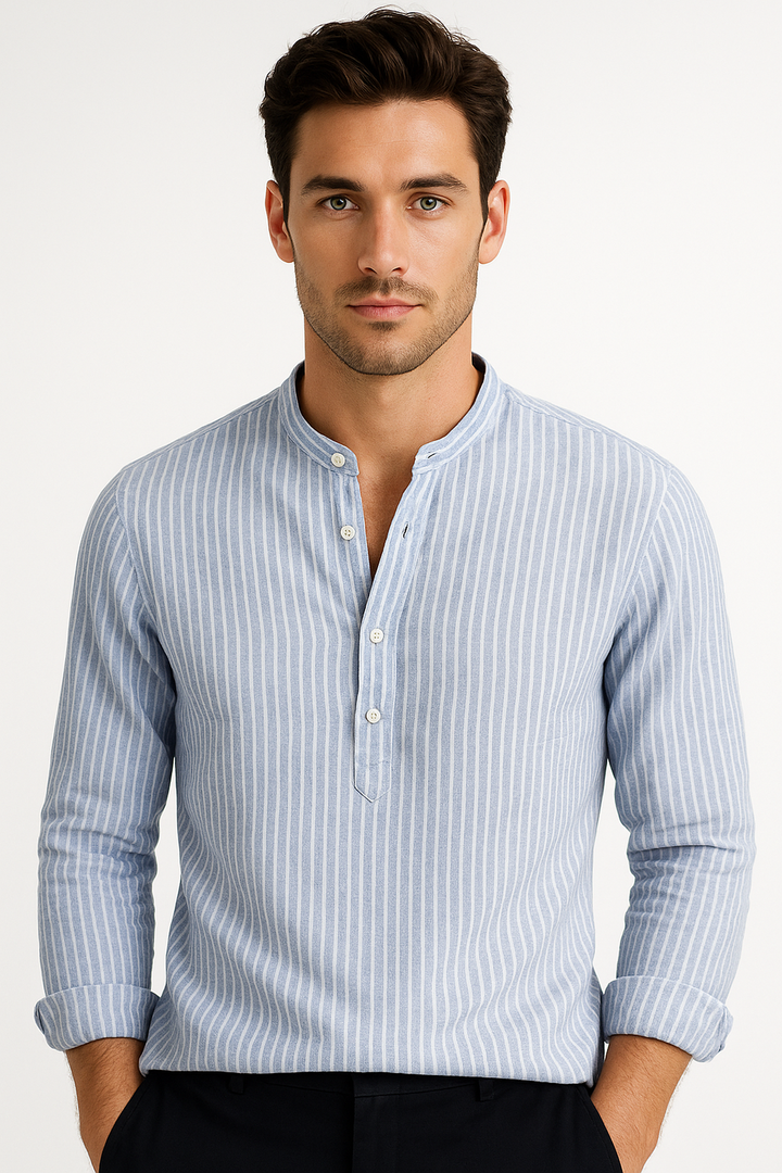 Shirt | Striped Band Collar | Cotton Blend | Long Sleeve