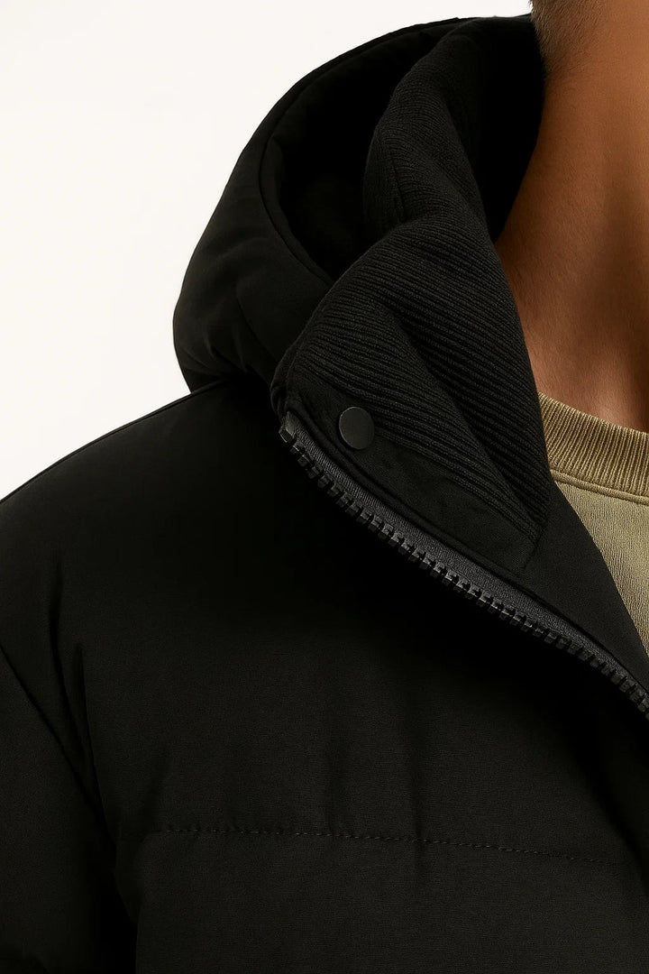 Hooded Puffer Jacket | Insulated Cotton Blend | Black