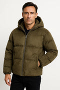 Hooded Puffer Jacket | Suede Effect | Insulated Winter Outerwear