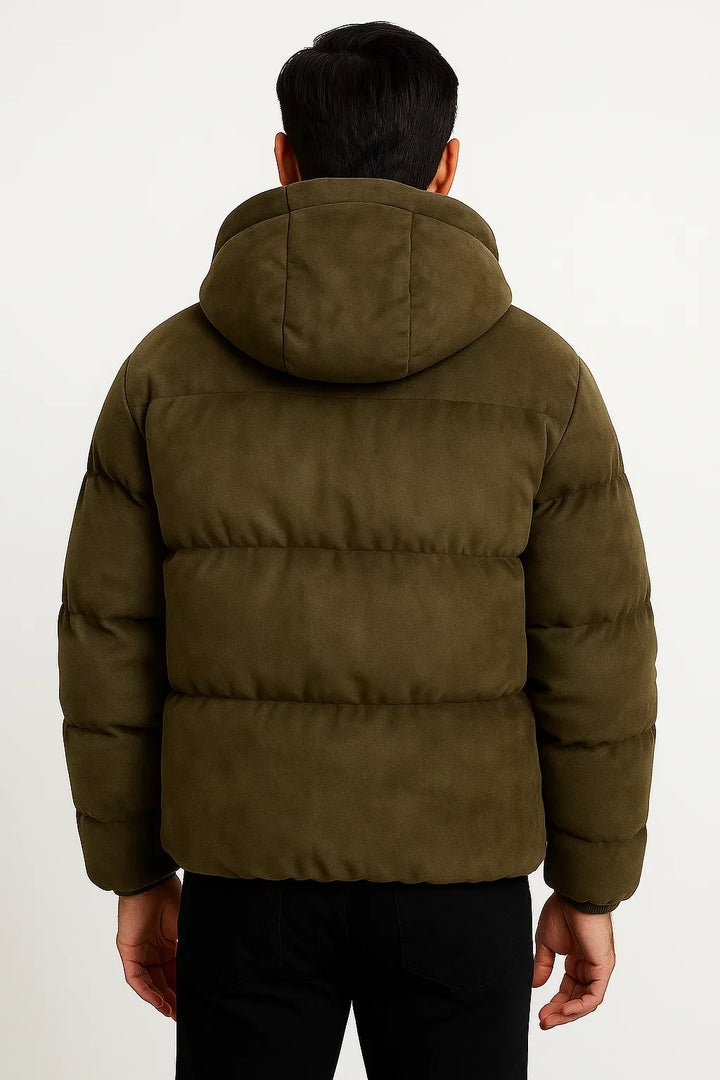 Hooded Puffer Jacket | Suede Effect | Insulated Winter Outerwear