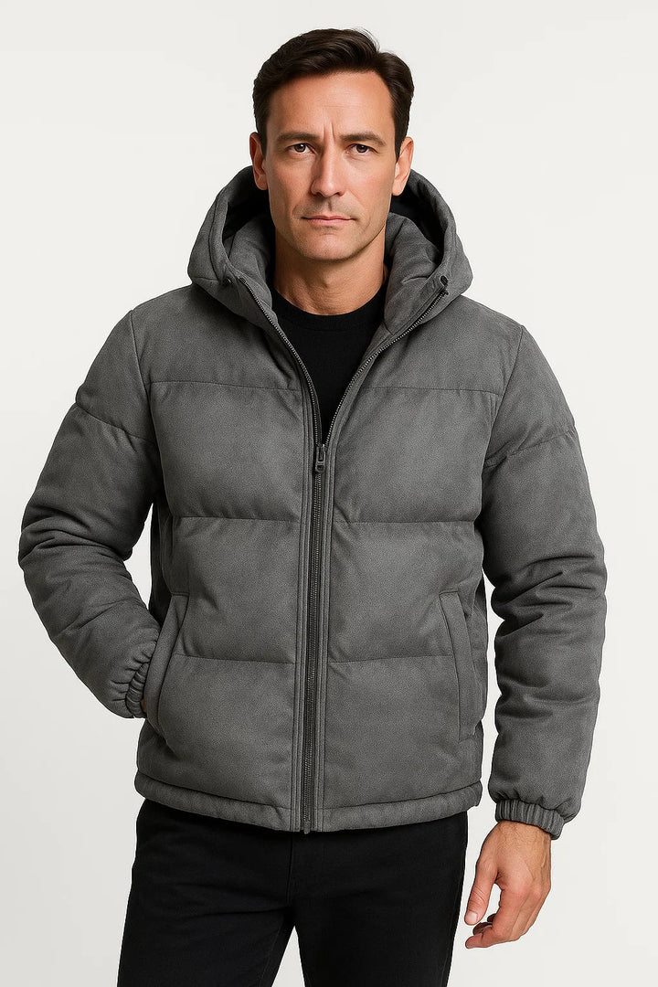 Hooded Puffer Jacket | Suede Effect | Insulated Winter Outerwear