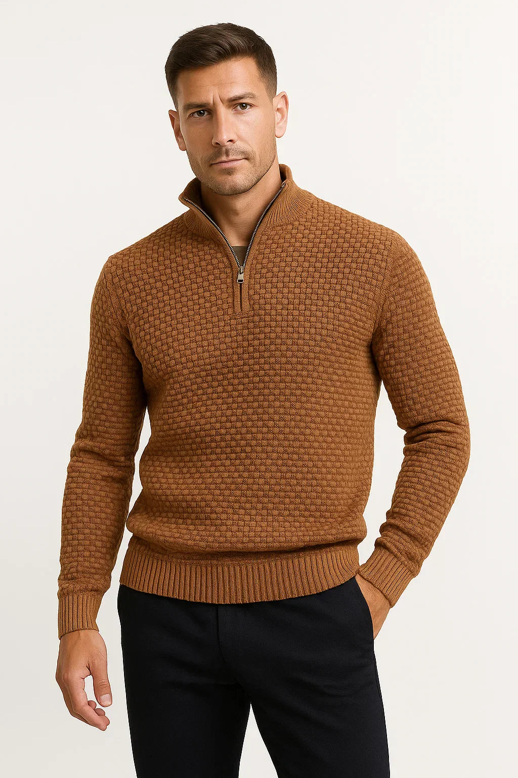 Men’s Waffle Quarter-Zip Sweater | Textured Knit | Modern Smart-Casual