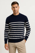 Wool Sweater | Navy Stripe Knit | Classic O-Neck