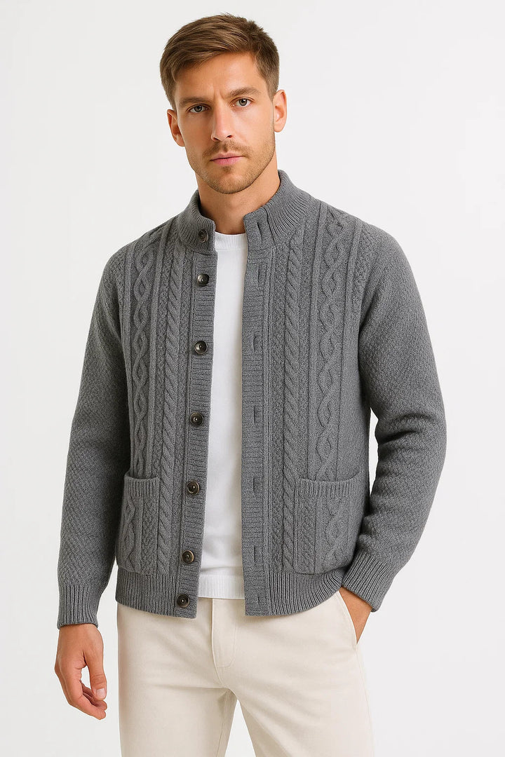 Men's Cable Knit Cardigan | Structured Collar | Textured Jacquard