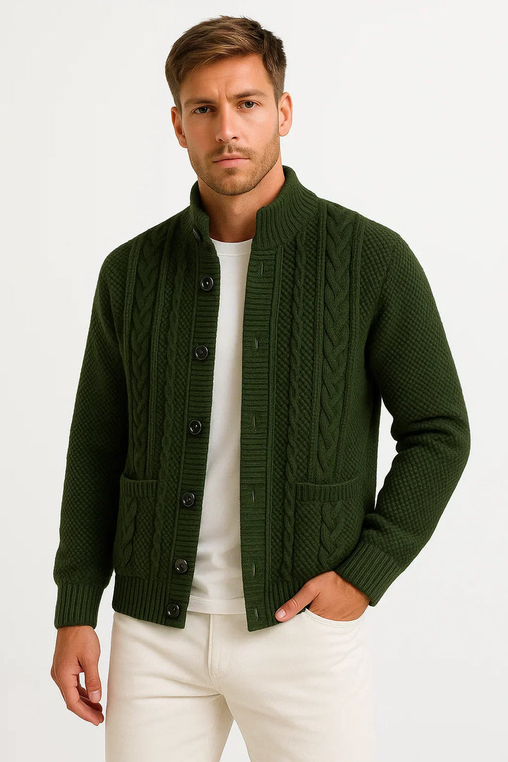 Men's Cable Knit Cardigan | Structured Collar | Textured Jacquard