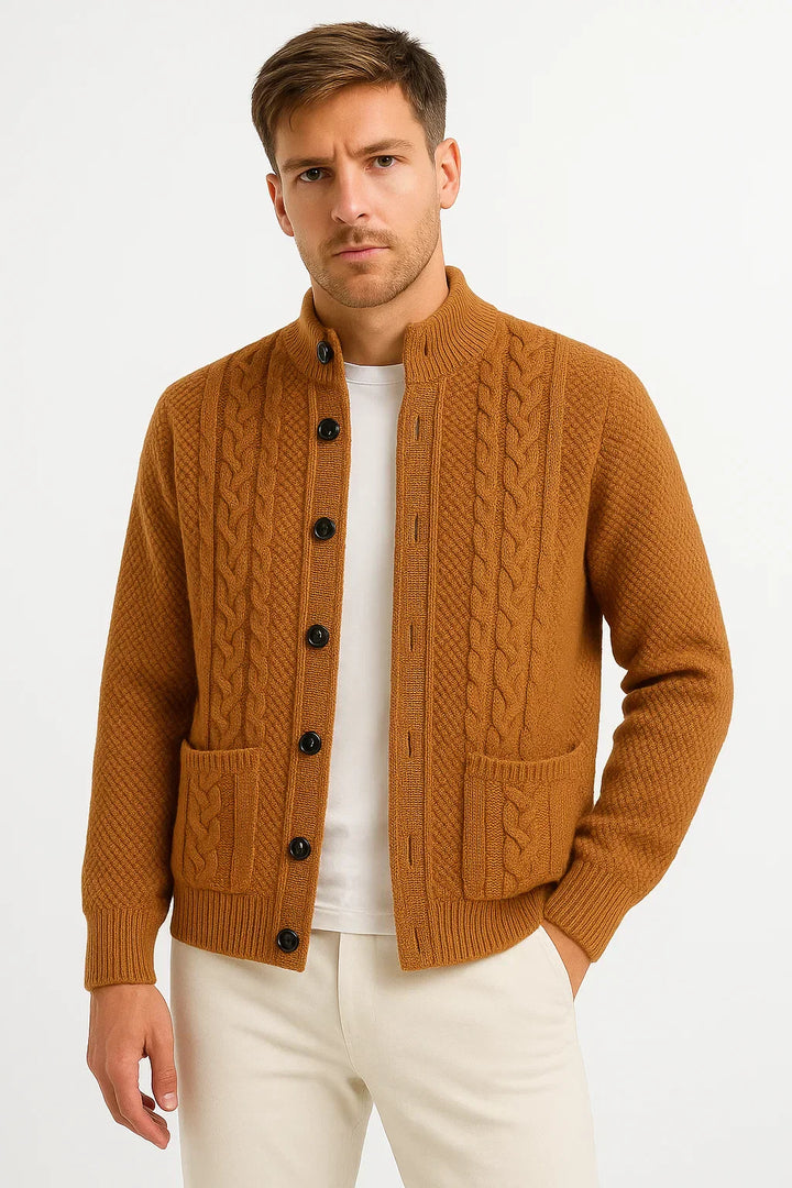 Men's Cable Knit Cardigan | Structured Collar | Textured Jacquard