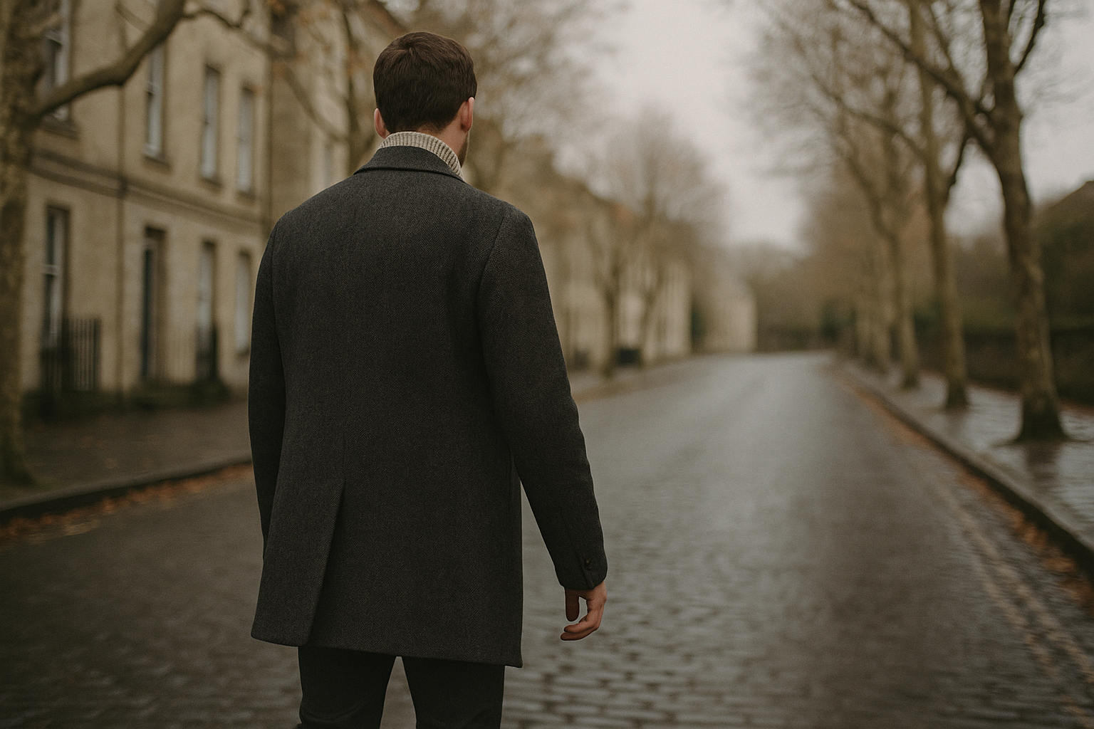 A man in a charcoal wool overcoat walking a cobbled street in autumn