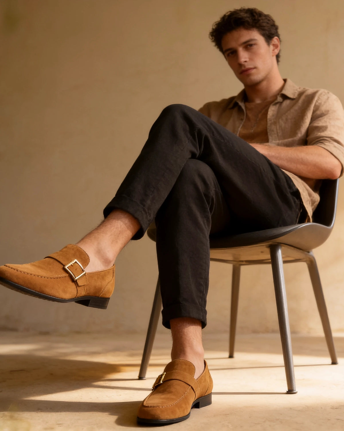Black Suede Loafers Men Gold Buckle Slip-On with Rubber Sole - Valedrian — view 12