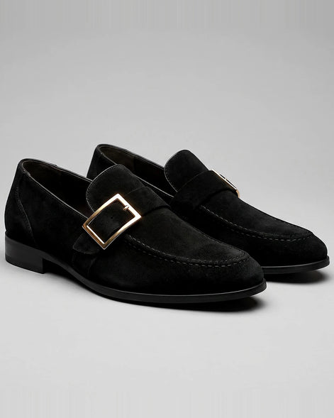 Black Suede Loafers Men Gold Buckle Slip-On with Rubber Sole - Valedrian