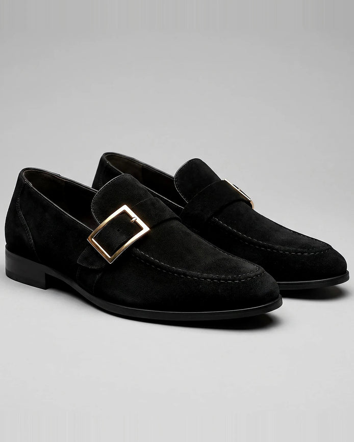 Black Suede Loafers Men Gold Buckle Slip-On with Rubber Sole - Valedrian