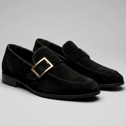 Black Suede Loafers Men Gold Buckle Slip-On with Rubber Sole - Valedrian