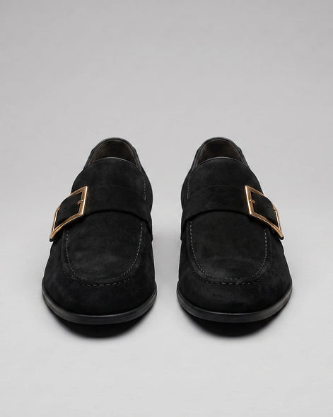 Black Suede Loafers Men Gold Buckle Slip-On with Rubber Sole - Valedrian — view 2