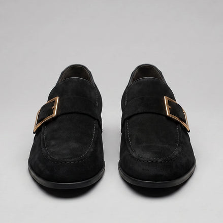 Black Suede Loafers Men Gold Buckle Slip-On with Rubber Sole - Valedrian — view 2