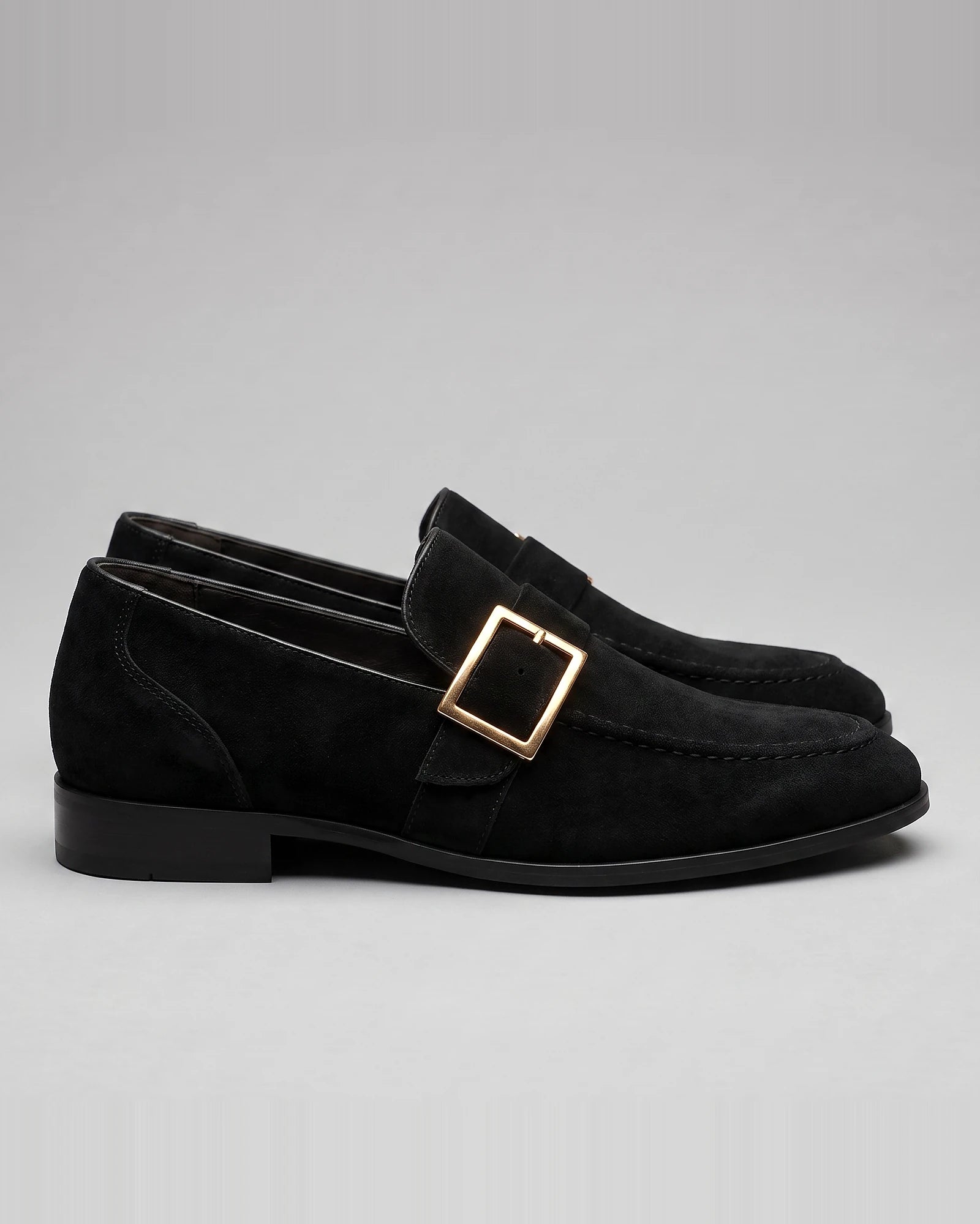 Black Suede Loafers Men Gold Buckle Slip-On with Rubber Sole - Valedrian — view 3