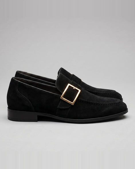 Black Suede Loafers Men Gold Buckle Slip-On with Rubber Sole - Valedrian — view 3