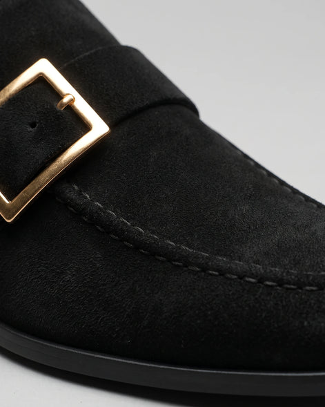 Black Suede Loafers Men Gold Buckle Slip-On with Rubber Sole - Valedrian — view 5