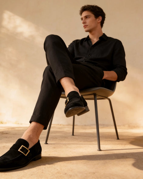 Black Suede Loafers Men Gold Buckle Slip-On with Rubber Sole - Valedrian — view 6
