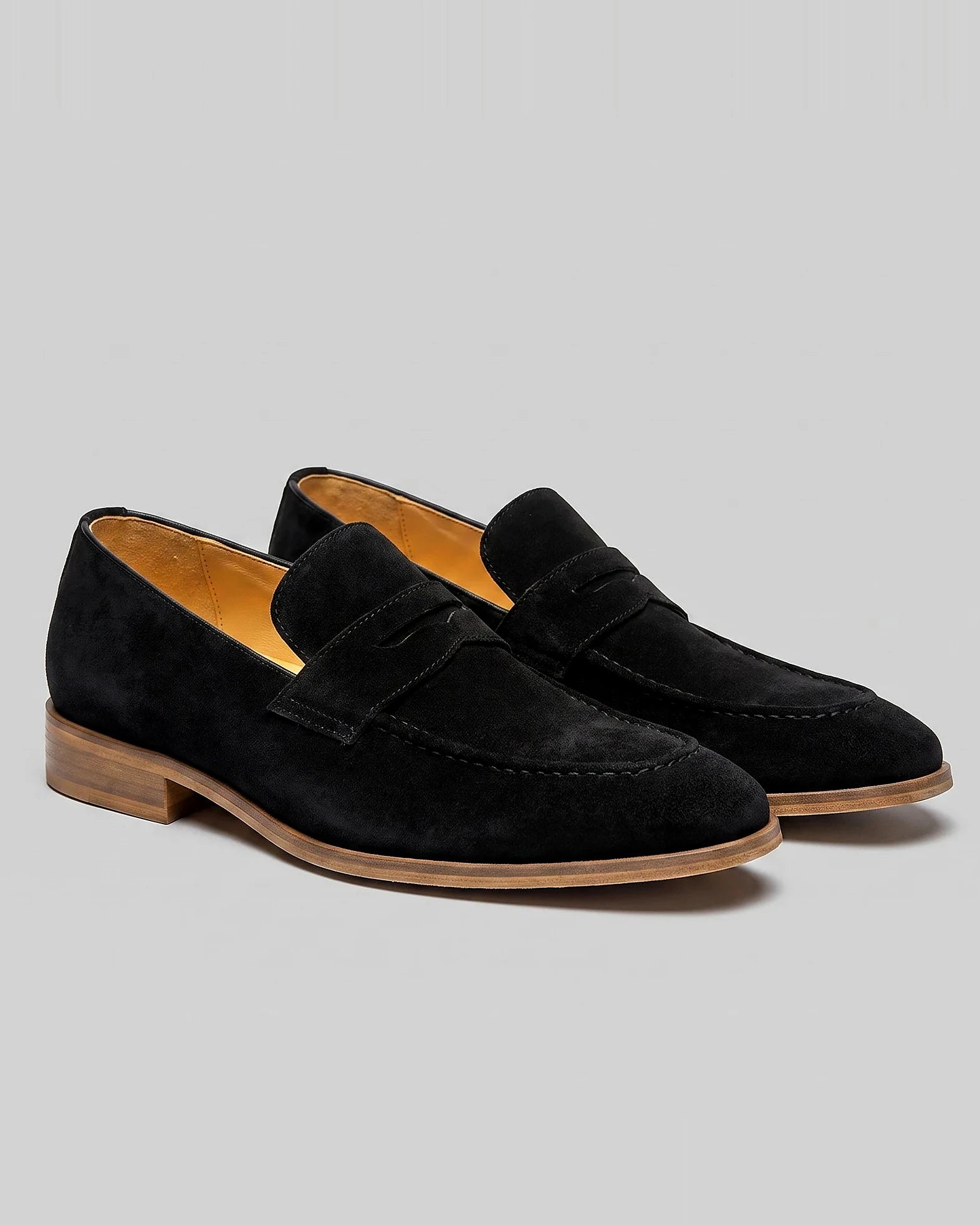Black Suede Penny Loafers Men Cowhide, Leather Lining & Stacked Heel - Valedrian