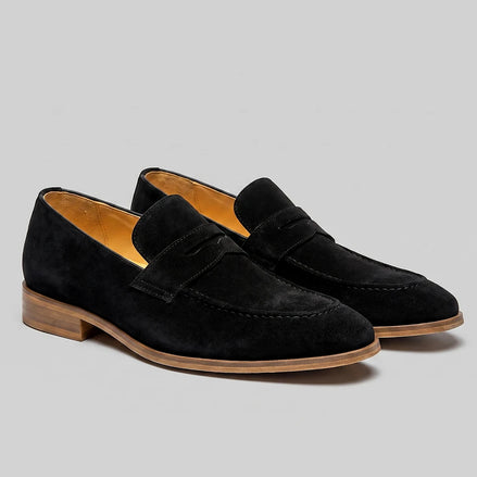 Black Suede Penny Loafers Men Cowhide, Leather Lining & Stacked Heel - Valedrian