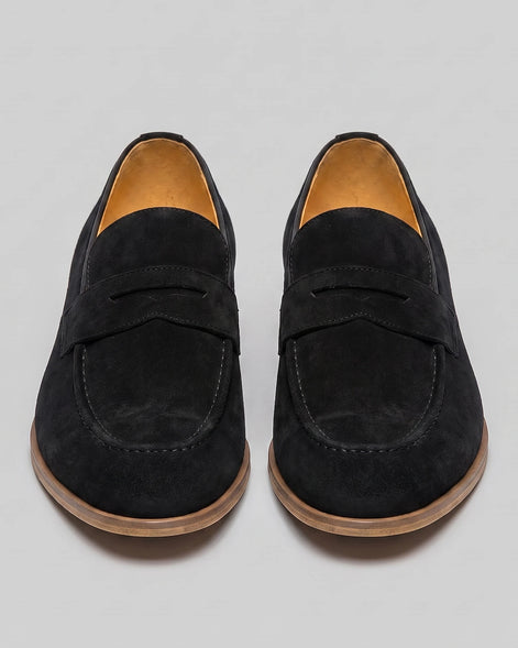 Black Suede Penny Loafers Men Cowhide, Leather Lining & Stacked Heel - Valedrian — view 2