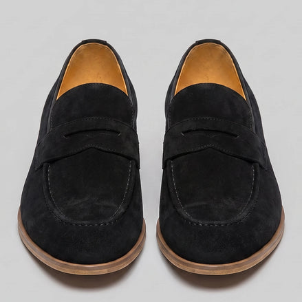 Black Suede Penny Loafers Men Cowhide, Leather Lining & Stacked Heel - Valedrian — view 2