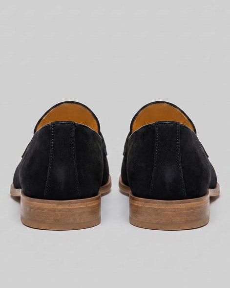 Black Suede Penny Loafers Men Cowhide, Leather Lining & Stacked Heel - Valedrian — view 3