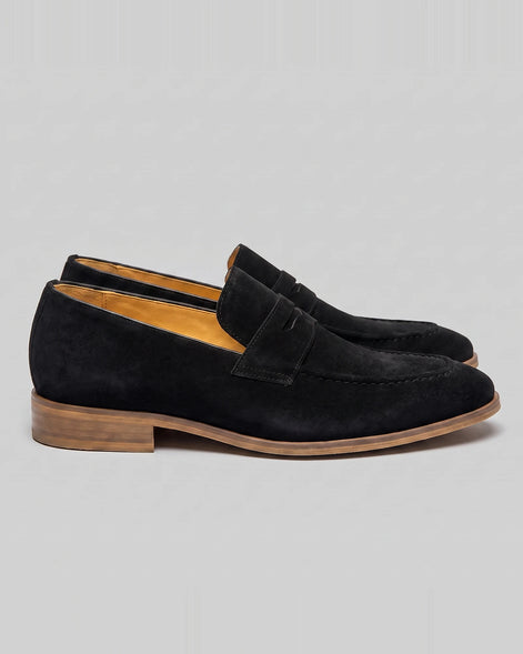 Black Suede Penny Loafers Men Cowhide, Leather Lining & Stacked Heel - Valedrian — view 4