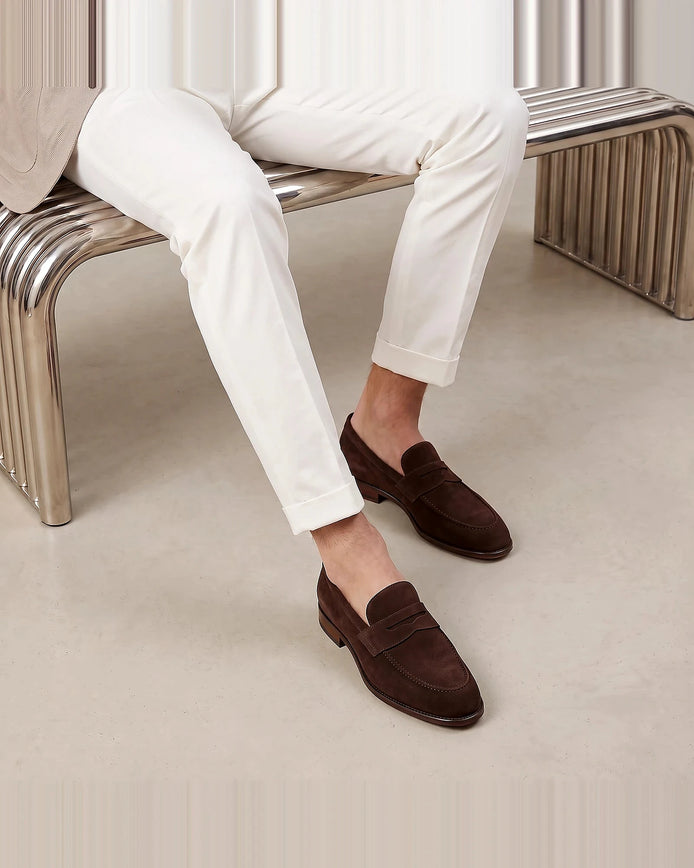 Brown Loafers Men Cowhide Penny Slip-On with Non-Slip Rubber Sole - Valedrian