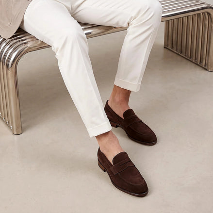 Brown Loafers Men Cowhide Penny Slip-On with Non-Slip Rubber Sole - Valedrian