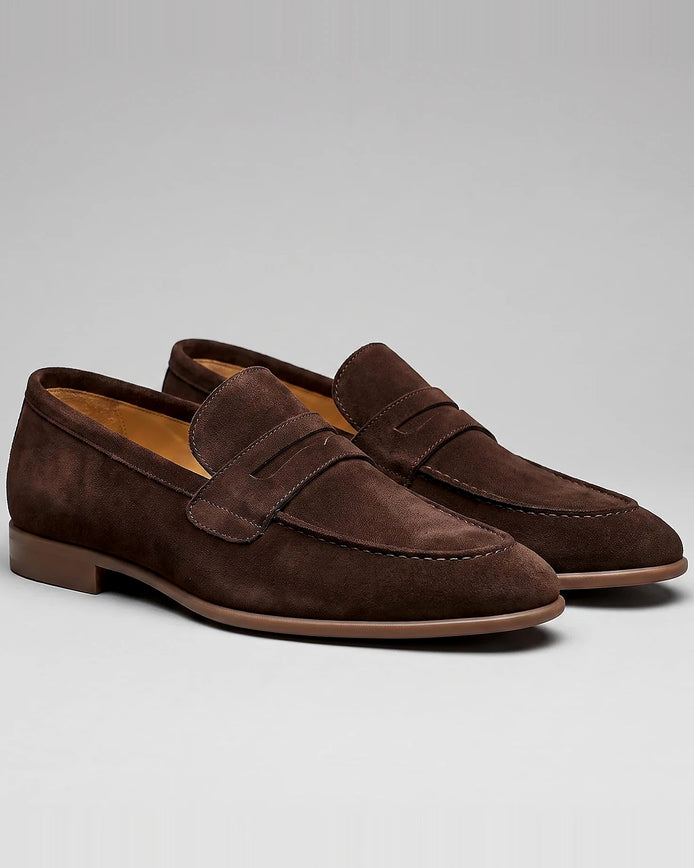 Brown Suede Loafers Men Sheepskin Penny Slip-On, Dark Brown - Valedrian