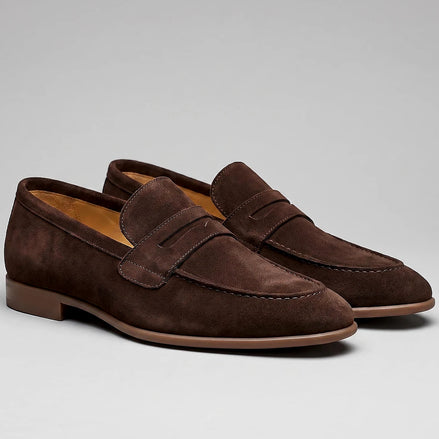 Brown Suede Loafers Men Sheepskin Penny Slip-On, Dark Brown - Valedrian