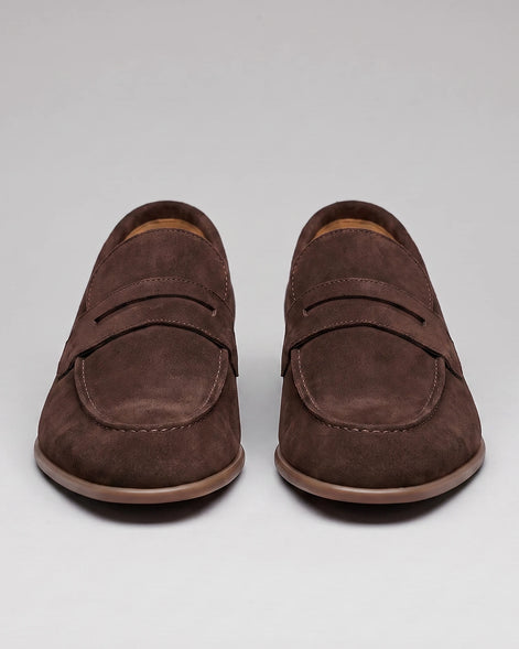 Brown Suede Loafers Men Sheepskin Penny Slip-On, Dark Brown - Valedrian — view 2