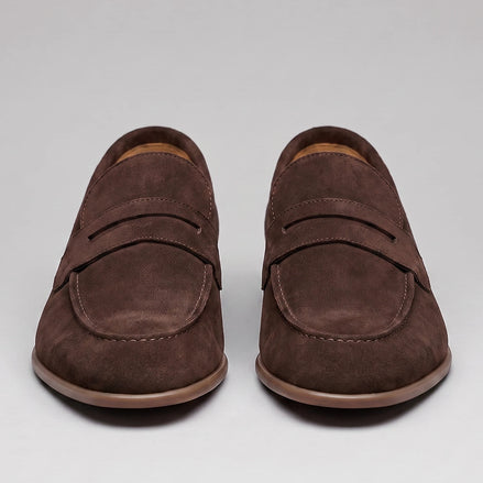 Brown Suede Loafers Men Sheepskin Penny Slip-On, Dark Brown - Valedrian — view 2